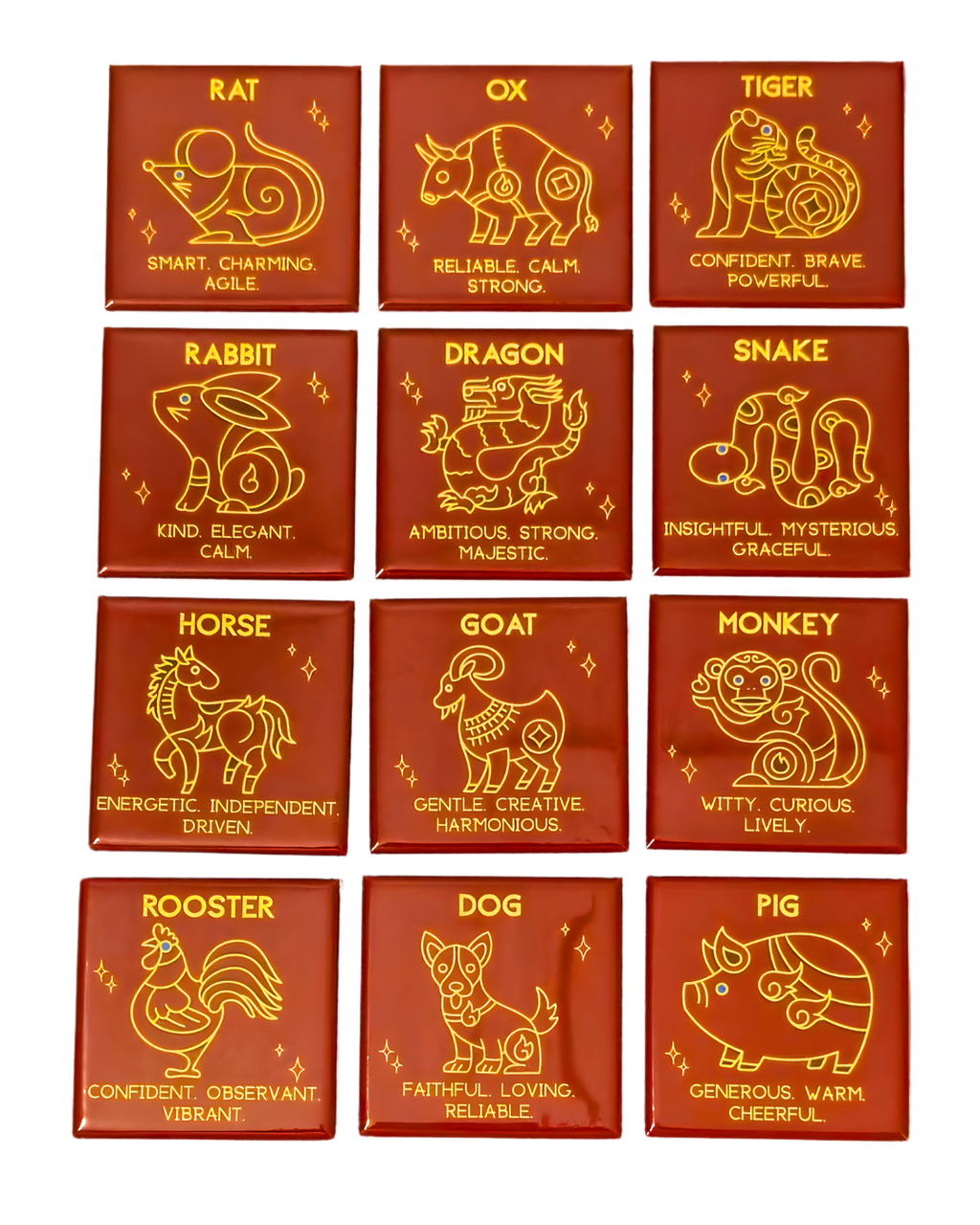12-piece red and gold Chinese zodiac refrigerator magnet set in gift pouches.